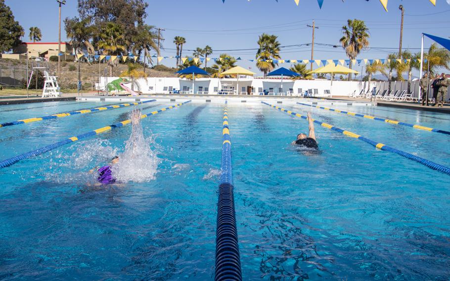 U.S. Marines with Wounded Warrior Regiment compete in a swimming competition during the 2022 Marine Corps Trials (MCT) on Camp Pendleton, Calif., March 7, 2022. The MCT is as an opportunity for recovering Service members to demonstrate their achievements and serves as the primary venue to select Marine Corps participants for the DOD Warrior Games.