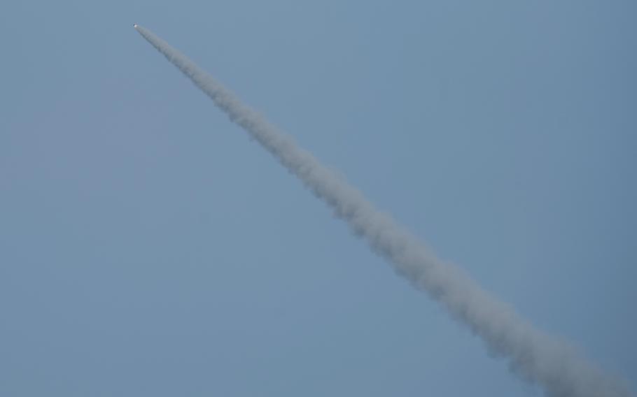 A Patriot missile is fired at a Kratos MQM-178 Firejet unmanned aerial vehicle, which mimics a cruise missile, during a Balikatan drill at Naval Station Leovigildo Gantioqui in San Antonio, Philippines, Tuesday, April 25, 2023.
