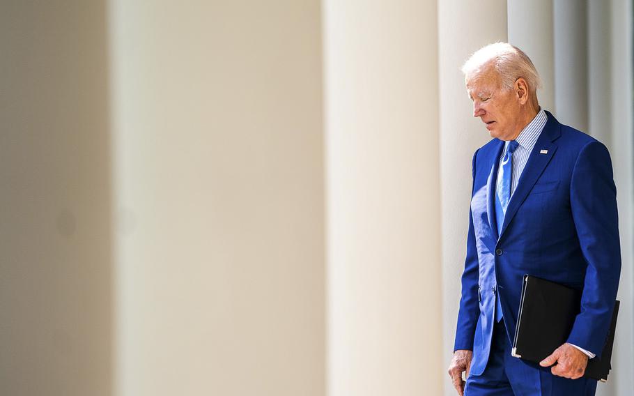 President Biden exits the Oval Office for remarks in the Rose Garden last month. 