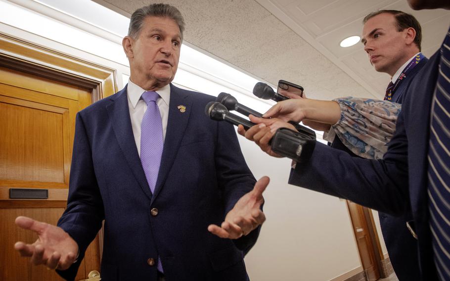 Sen. Joe Manchin, D-W.Va., at a July 21 hearing of the Senate Energy and Natural Resources committee. Senate Democrats are rushing to finalize the Inflation Reduction Act this week.