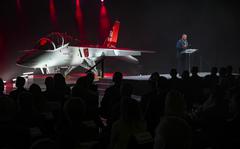 Lt. Gen. Richard M. Clark, U.S. Air Force Academy superintendent, speaks during the T-7A Red Hawk rollout ceremony at Boeing's facility in St. Louis, April 28, 2022. The T-7A will eventually replace the T-38C Talon as the trainer jet for the Air Force's fighter pilots. 