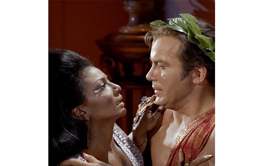 Nichelle Nichols as Uhura and William Shatner as Capt. Kirk in a 1968 episode, “Plato’s Stepchildren.”