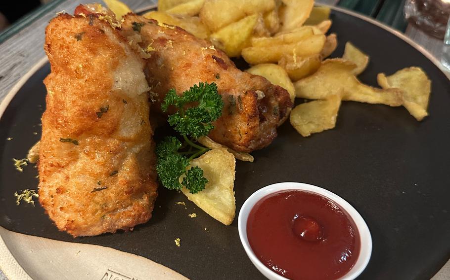 The cordon bleu at Das Notstain in Amberg, Germany, can be ordered with veal or pork. It is served with french fries or potato salad. All the ingredients are sourced locally.