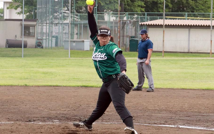 Daegu right-hander Nia Bell delivers during Monday's round-robin portion of the Far East Division II softball tournament. The Warriors were given the seventh seed into the double-elimination round of a tournament shortened to two days due to forecast of bad weather Wednesday.