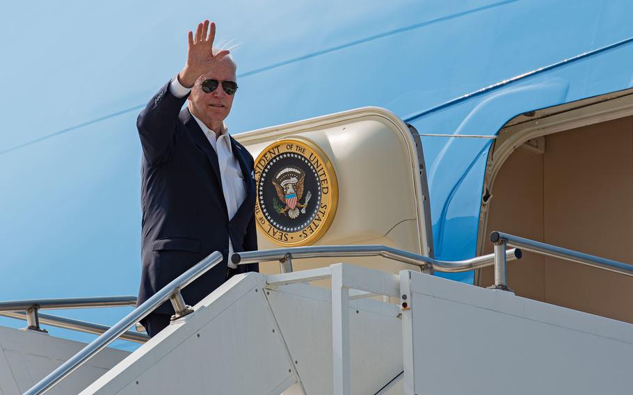 President Joe Biden waves goodbye as he leaves Osan Air Base, South Korea, in May 2022. Biden will travel to the Middle East next week, with stops in Israel, the West Bank and Saudi Arabia.