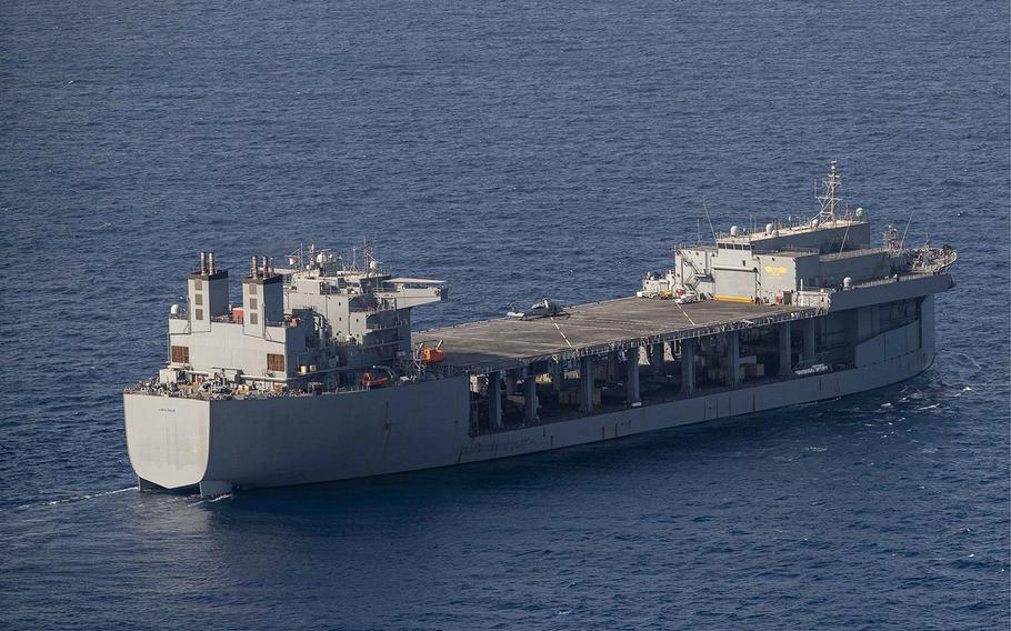 The Navy says personnel from expeditionary sea base USS Lewis B. Puller (ESB 3) discovered illicit cargo on a stateless fishing vessel in the Gulf of Oman on Dec. 1, 2022.