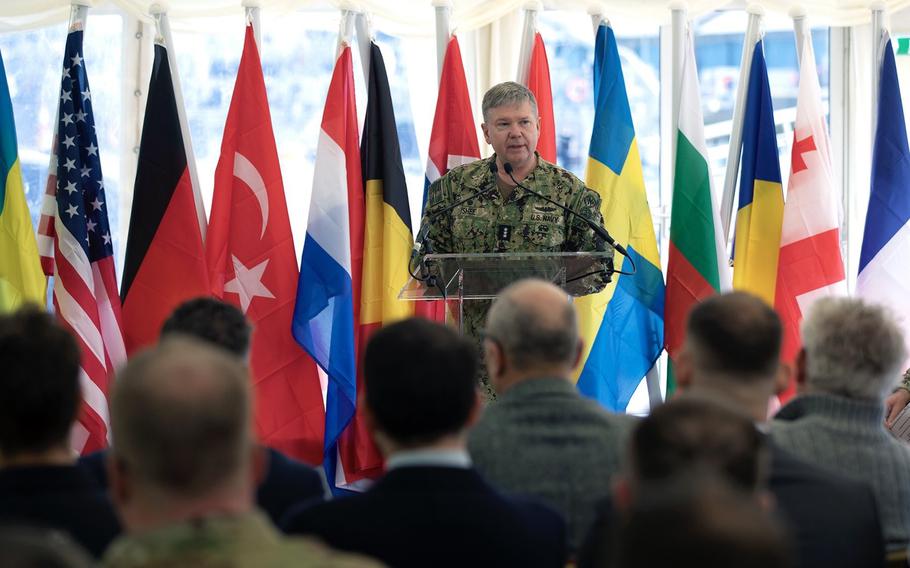 Vice Adm. Thomas Ishee, U.S. 6th Fleet commander, speaks at the opening ceremony for the Sea Breeze naval exercise June 26, 2023, in Glasgow, Scotland.