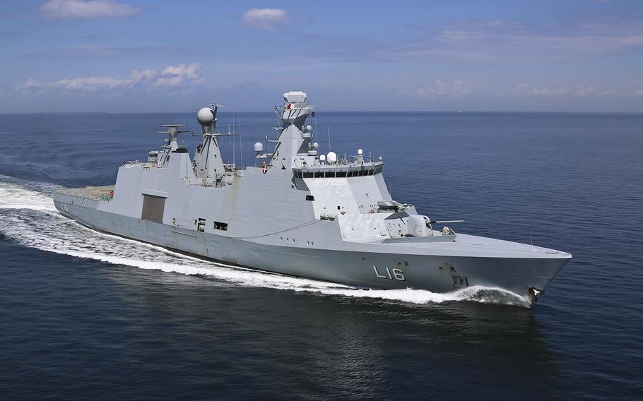 The Danish Absalon-class frigate HDMS Absalon (L16) transits the Baltic Sea during an exercise on June 10, 2017.  According to a Danish Defense force report posted on Sept. 27, 2022, on its website, the frigate and the pollution control vessel Gunnar Thorson have been dispatched to the site in the Baltic Sea where gas pipelines are leaking.