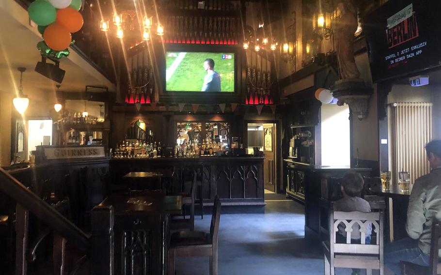 The main room with the bar at Waxy’s Irish Pub in Frankfurt, Germany. The pub shows a lot of live sports on the televisions scattered throughout the bar.