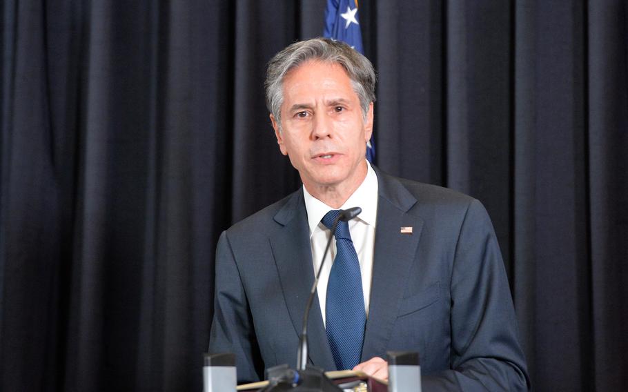 Secretary of State Antony Blinken speaks Sept. 8, 2021, during a visit to Ramstein Air Base, Germany. Blinken later said the treaty dispute that has exposed scores of U.S. military personnel to tax penalties at the hands of German finance authorities was not on his radar.