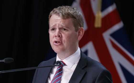 FILE - New Zealand's COVID-19 Response Minister Chris Hipkins speaks during a press conference in Wellington, New Zealand on Oct. 28, 2021. Education Minister Chris Hipkins is set to become New Zealand's next prime minister after he was the only candidate to enter the race Saturday, Jan. 21, 2023 to replace Jacinda Ardern, who announced her resignation on Thursday, Jan. 19, 2023. (Robert Kitchin/Pool Photo via AP, File)
