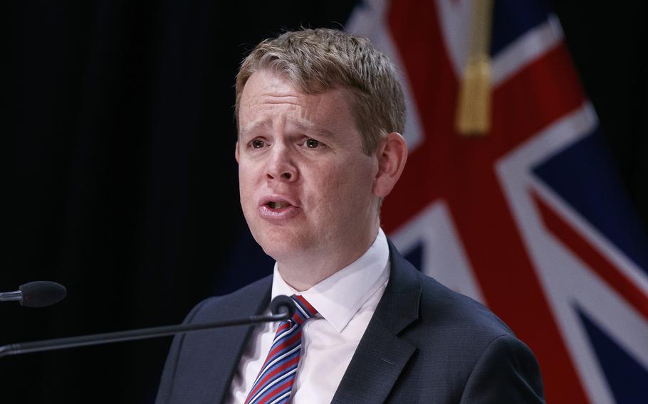 New Zealand’s COVID-19 Response Minister Chris Hipkins speaks during a press conference in Wellington, New Zealand on Oct. 28, 2021. Education Minister Chris Hipkins is set to become New Zealand’s next prime minister after he was the only candidate to enter the race Saturday, Jan. 21, 2023 to replace Jacinda Ardern, who announced her resignation on Thursday, Jan. 19, 2023. 