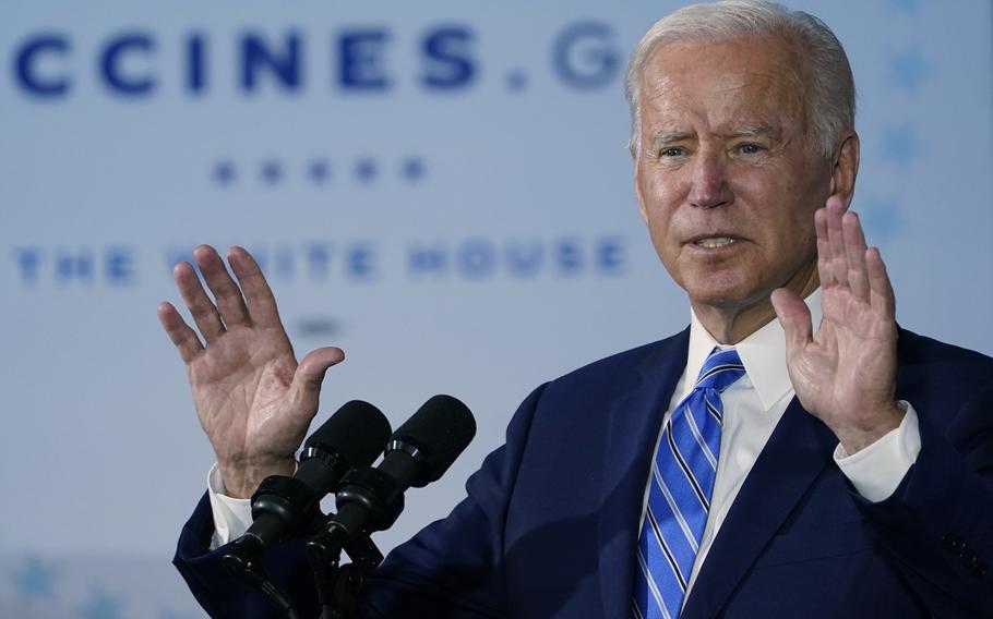 President Joe Biden speaks about COVID-19 vaccinations after touring a Clayco Corporation construction site for a Microsoft data center in Elk Grove Village, Ill., Oct. 7, 2021.