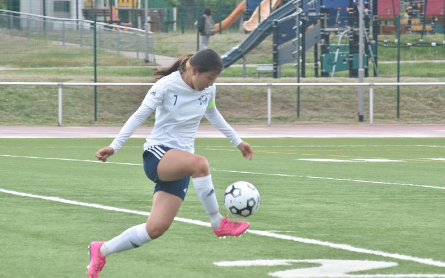 Black Forest Academy's Yewon Park tries to control the ball Monday, May 16, 2022, before making a run on goal in the girls Division I soccer championships in Vogelweh, Germany.