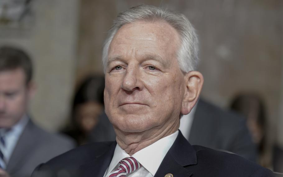 FILE - Sen. Tommy Tuberville, R-Ala., listens during the Senate Armed Services Committee hearing to examine the nomination of Army Lt. Gen. Randy George to be reappointment to the grade of general and to be Chief of Staff of the Army, July 12, 2023, on Capitol Hill in Washington. Tuberville is waging an unprecedented campaign to try and change Pentagon abortion policy by holding up hundreds of military nominations and promotions, leaving key positions unfilled and raising concerns at the Pentagon about military readiness. 