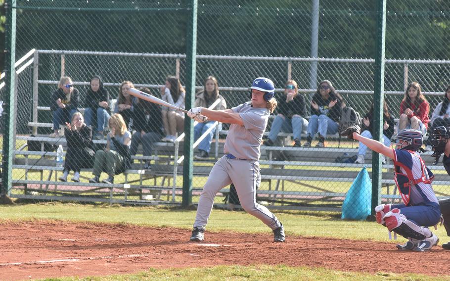 Rota's Lukas Ward takes a swing against Aviano in the DODEA-Europe Division II/III baseball championships at Kaiserslautern on Friday, May 19, 2023.