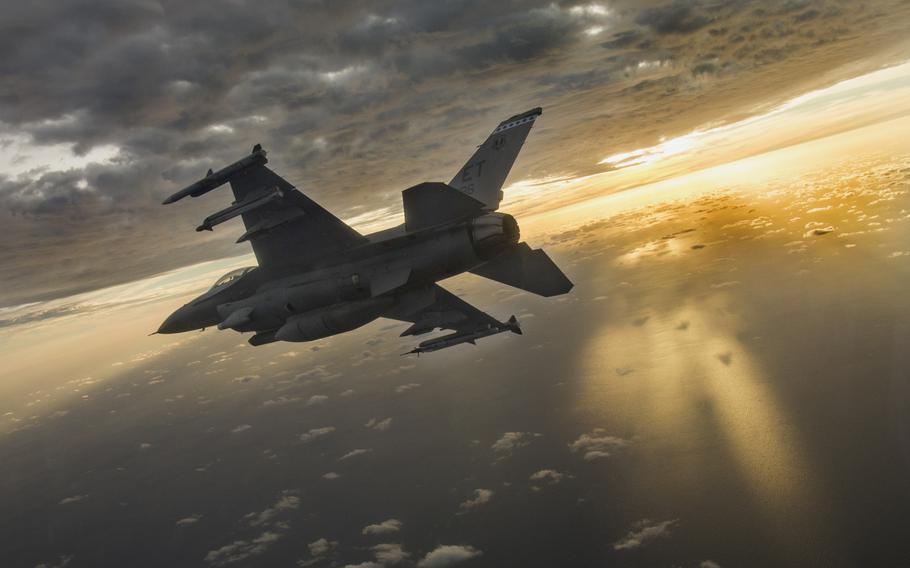 A F-16 Fighting Falcon flies during a mission at Eglin Air Force Base, Fla., Feb. 14, 2019. 