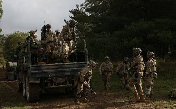 U.S. soldiers get out of a light medium tactical vehicle at Hohenfels Training Area in Germany in 2019. Eight soldiers from the 2nd Cavalry Regiment were injured when their light medium tactical vehicle overturned at the Grafenwoehr Training Area on July 27, 2023.