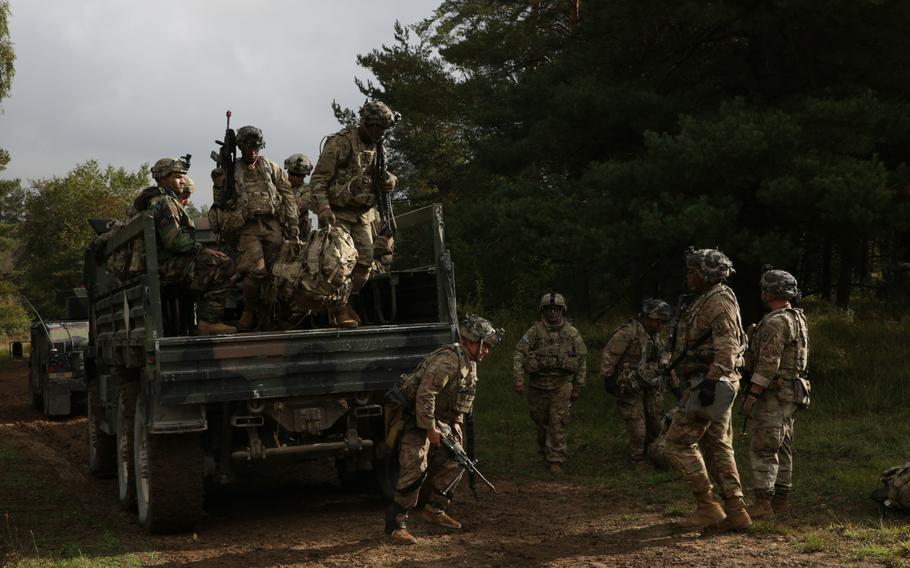 U.S. soldiers get out of a light medium tactical vehicle at Hohenfels Training Area in Germany in 2019. Eight soldiers from the 2nd Cavalry Regiment were injured when their light medium tactical vehicle overturned at the Grafenwoehr Training Area on July 27, 2023.