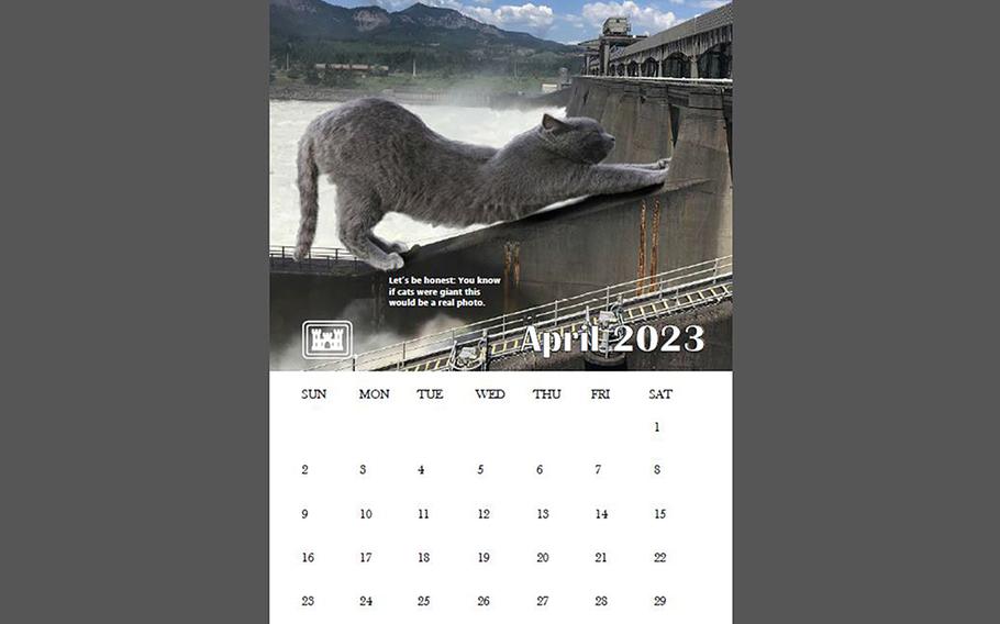 The U.S. Army Corps of Engineers’ Portland, Ore., branch designed a 2023 calendar that features giant cats alongside projects done by the Corps’ personnel, such as at the Cascade Locks in Oregon.