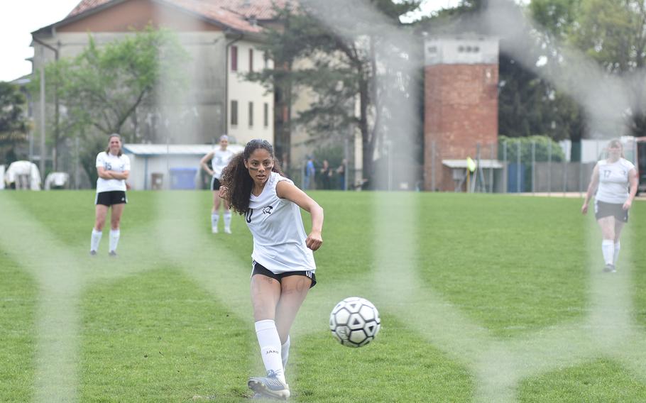 Vicenza's Leyla Peterson takes an unsuccessful penalty shot Saturday, April 23, 2023, in the Cougars' 7-0 victory over Aviano.