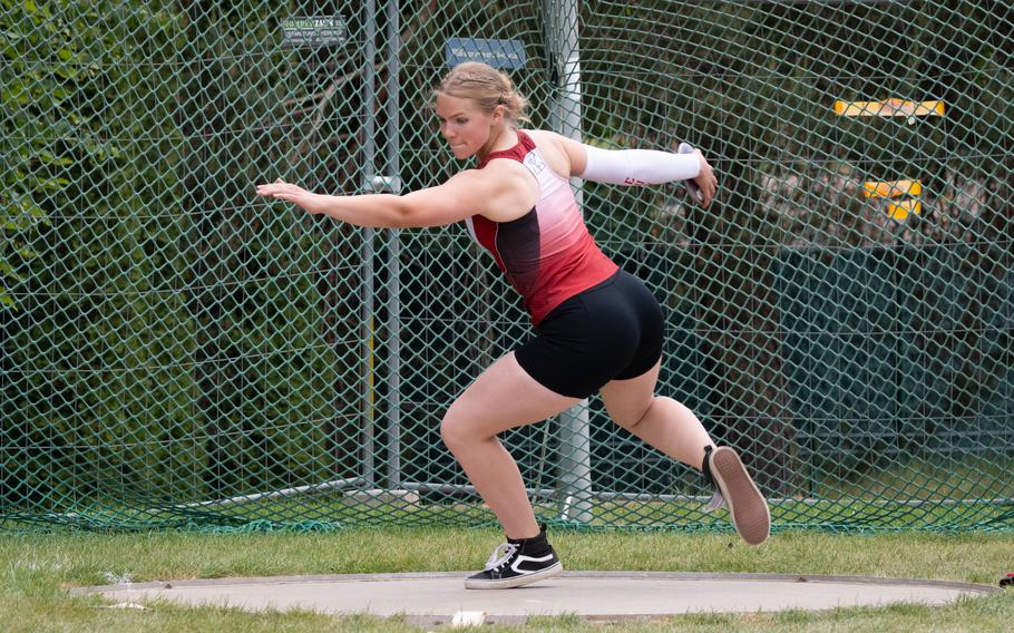 Rylee Baker placed second in the girls discus competition at the 2025 DODEA European Track and Field Championships with a throw of 98 feet 9 inches on May 22, 2025.