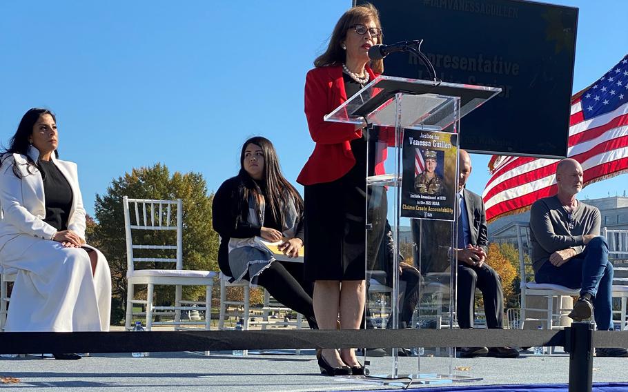 Rep. Jackie Speier, D-Calif., speaks Thursday at a rally to call for justice for Army Spc. Vanessa Guillen, who was killed by a fellow soldier at Fort Hood, Texas, in April 2020. Speier named a bill to reform the military justice system in honor of Guillen, and a number of those reforms could pass in the 2022 National Defense Authorization Act. 