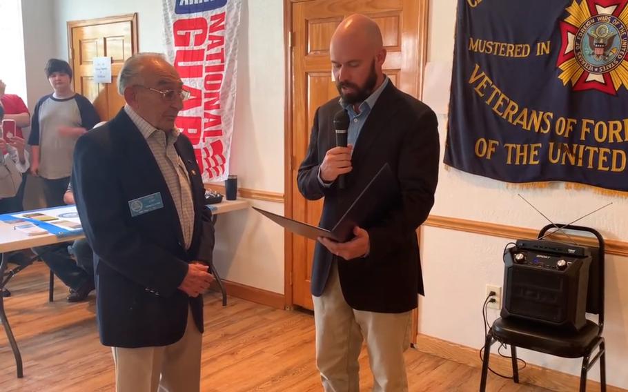 Korean War veteran John Thomas Lody, left, receives a Pennsylvania House of Representatives recognition presented by Pennsylvania state Rep. Carl Walker Metzgar, R-Somerset/Bedford, 69th District, on Tuesday Aug. 3, 2021.