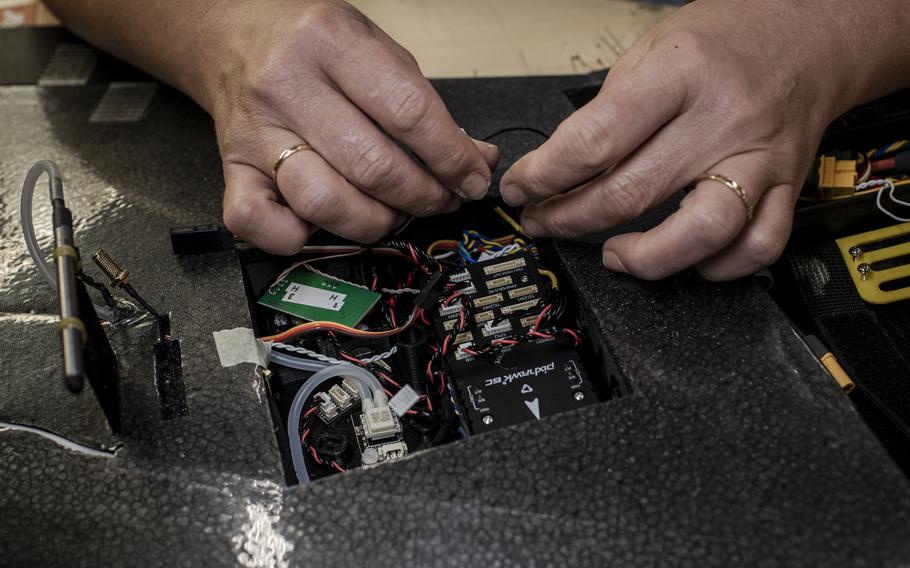 Electronics are installed in a drone at the Warbirds of Ukraine facility. 