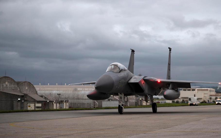 An F-15C Eagle of the 44th Fighter Squadron taxis down the flightline for the final time at Kadena Air Base, Okinawa, Dec. 1, 2022.