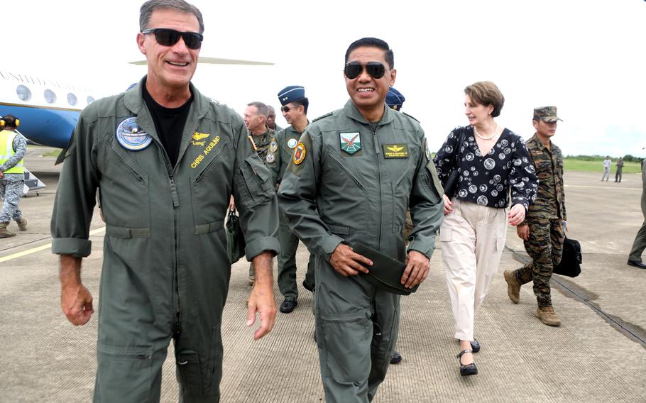 Adm. John Aquilino, left, head of U.S. Indo-Pacific Command, and the Philippines' military chief, Lt. Gen. Romeo Brawner, recently visited three sites being developed to support U.S. forces in the Philippines. 