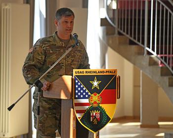 U.S. Army Garrison Rheinland-Pfalz commander Col. Vance J. Klosinski speaks during an official event at Smith Barracks, Baumholder, Germany, April 9, 2021. Klosinski died of cancer Sept. 24, 2022. 