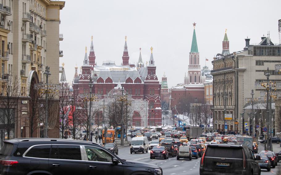 State Historical Museum and the Kremlin Tower on Red Square in Moscow on Dec. 8, 2021. Russia’s Foreign Ministry has been drawing up plans to try to weaken its Western adversaries, including the United States, and leverage the Ukraine war to forge a global order free from what it sees as American dominance, according to a secret Foreign Ministry document.