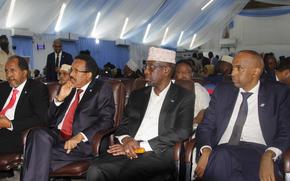 From left to right, former president Hassan Sheikh Mohamud, incumbent leader Mohamed Abdullahi Mohamed, former president Sharif Sheikh Ahmed, and former prime minister Hassan Ali Khaire, attend a voting session for the presidential election, at the Halane military camp which is protected by African Union peacekeepers, in Mogadishu, Somalia Sunday, May 15, 2022. Legislators in Somalia are meeting Sunday to elect the country's president in the capital, Mogadishu, which is under lockdown measures aimed at preventing deadly militant attacks. (AP Photo/Farah Abdi Warsameh)