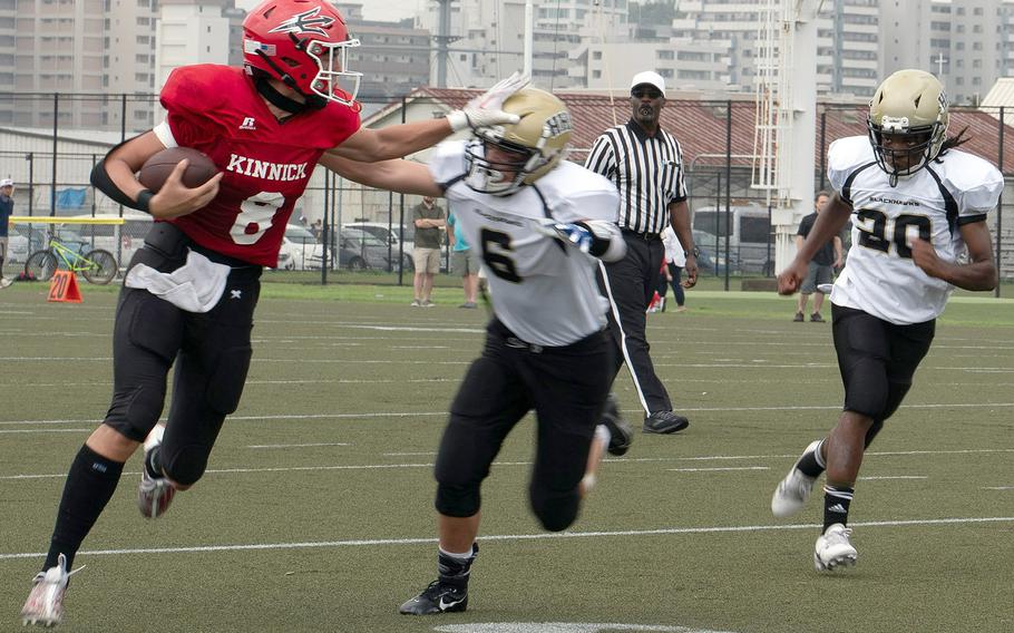 Kellen Broach,from  left, and Nile C. Kinnick host Kadena, while Luke Robinson, Javon Foreman and Humphreys travel to Okinawa to visit Kubasaki; each kickoff is at 6 p.m. Friday.