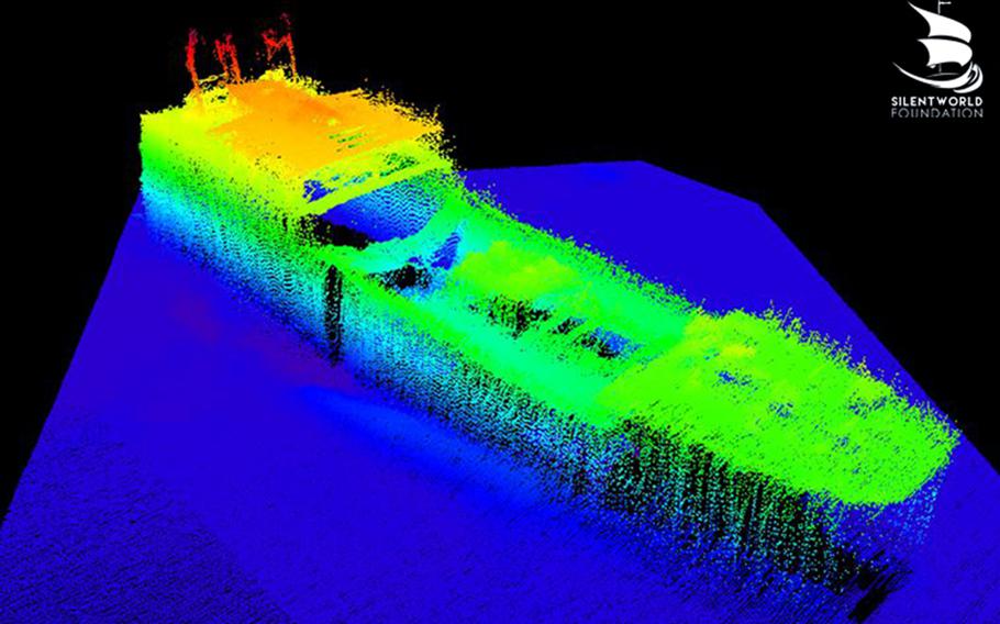 A 3D image of the SS Montevideo Maru's wreck, which was discovered Saturday, April 22, 2023. 