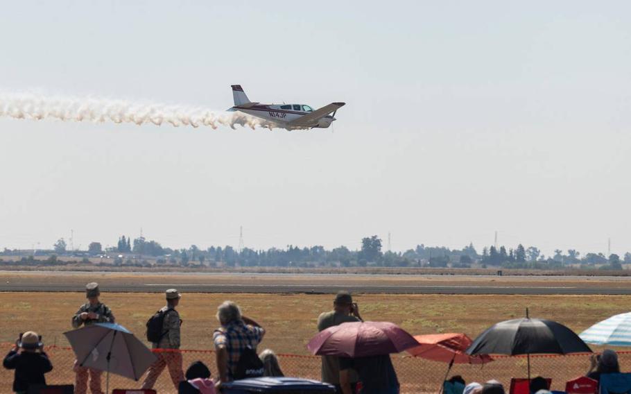 A Beechcraft F33C Bonanza flies by the spectators at the California Capital Airshow on Sept. 24, 2023, at Mather Airport.