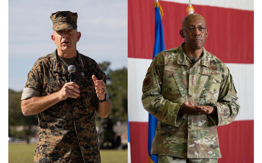 At left, U.S. Marine Corps Gen. David H. Berger, the 38th Commandant of the Marine Corps, speaks to family, friends and II MEF Marines at the II MEF change of command ceremony on Marine Corps Base Camp Lejeune, North Carolina, August 18, 2022. At right, Air Force Chief of Staff Gen. CQ Brown, Jr., listens to an airman’s question during the Q&A portion of an all-call at Osan Air Base, Republic of Korea, Aug. 12, 2022. 