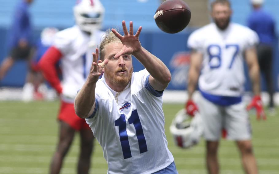 Buffalo Bills wide receiver Cole Beasley (11) makes a catch during NFL football practice in Orchard Park, N.Y., on June 2, 2021. 