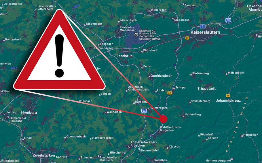A map shows the location of a road hazard.