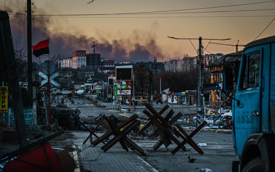 A view of areas near the front line where Ukrainian forces have been battling Russian forces in Irpin, Ukraine, on Thursday, March 10, 2022. 