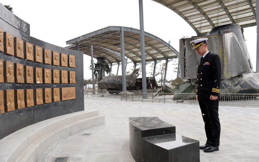 South Korean navy Cmdr. Park Yeon-soo pays his respects at a memorial for the victims of the Cheonan sinking at 2nd Fleet headquarters in South Korea, Jan. 22, 2024. 
