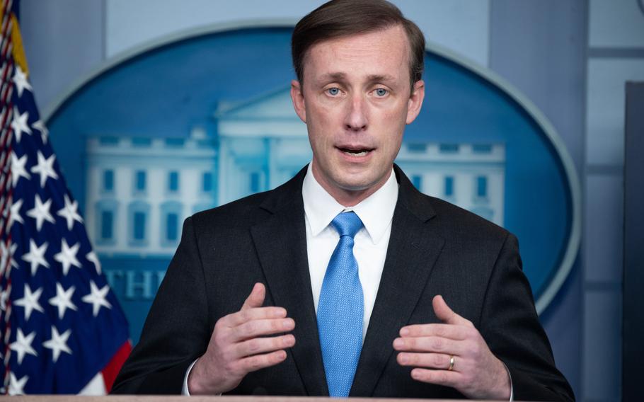 National Security Adviser Jake Sullivan speaks during a White House briefing on Feb. 4, 2021. Sullivan said Feb. 11, 2022, that Americans in Ukraine should leave the country as soon as possible as a Russia invasion of Ukraine could launch in the coming days.