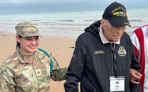 Sid Edson, a Brooklyn native who was drafted in 1943, visits Omaha Beach on Tuesday, June 4, 2024. He was part of a group of nearly 70 World War II veterans flown to France for the 80th anniversary of the D-Day landings.



