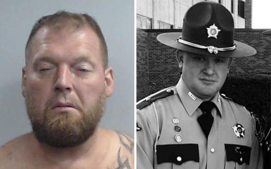 Suspect Steven Sheangshang, left, is in custody after the May 22, 2023, shooting death of Kentucky Sheriff’s Deputy Caleb Conley, an Army veteran. 