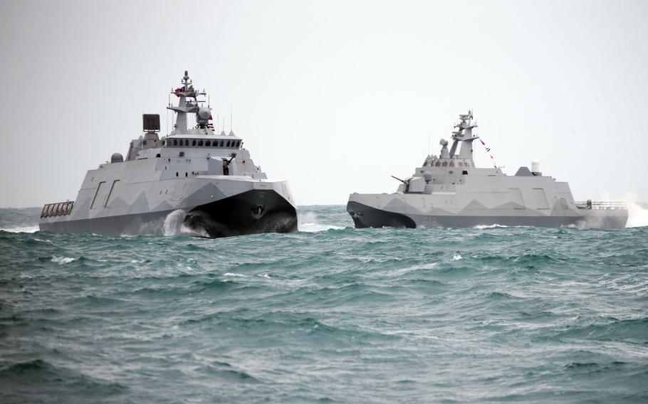 Taiwan Navy’s Tuo Chiang-class corvettes sail during a military exercise off the shore in Keelung, Taiwan, on Jan. 7.