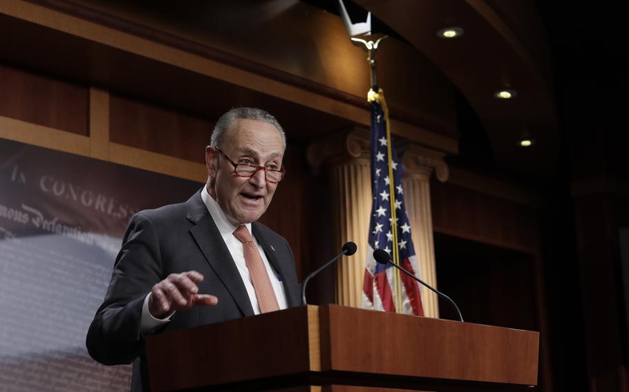 U.S. Senate Minority Leader Chuck Schumer, D-N.Y., speaks with members of the House Democratic Caucus on Capitol Hill in Washington, D.C. on Tuesday, Dec. 8, 2020. 