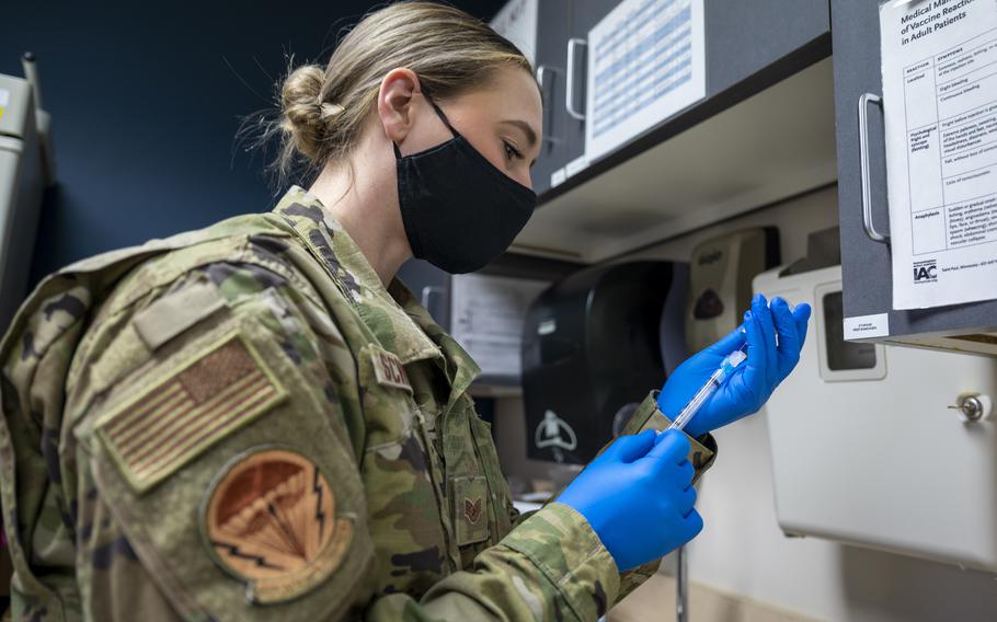 Staff Sgt. Caroline M. Schmauch prepares a Moderna COVID-19 vaccination at the Pittsburgh International Airport Air Reserve Station, Pennsylvania, March 16, 2021.