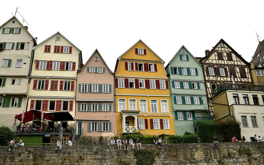 Houses line the north bank of the Neckar River in Tübingen, Germany.