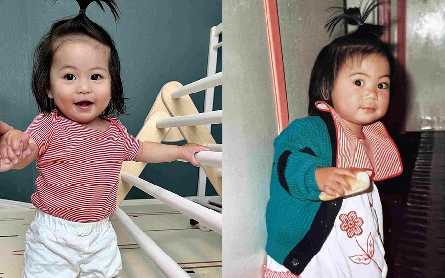 Madison Mendoza, left, and her mother, Crystal, are shown in a side-by-side throwback image submitted to Gerber's 13th annual photo search competition. Madison was selected as the Gerber baby for 2023, the company announced Wednesday.